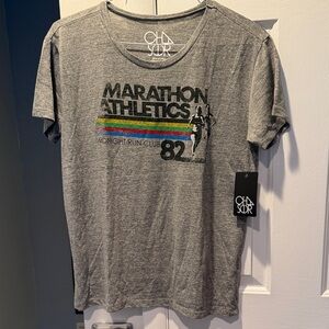 Chaser Gray 'Marathon Athletics' Short Sleeve Graphic Tee with Rainbow Stripes